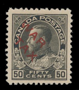 Lot 287, Canada 1915 fifty cent black Admiral WAR TAX in red, XF NH, sold for C$2,242