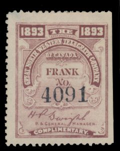 Lot 380, Canada 1890-1920 Great North Western Telegraph Co. franks, complete set, overall VF, sold for C$1,416