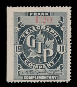 Lot 381, Canada 1911 black Grand Trunk Pacific Railways Telegraph Co., VF hinged, sold for C$885