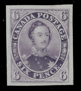 Lot 4, Canada 1857 six pence red purple Consort trial colour plate proof on india, VF, sold for C$501