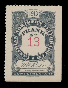 Lot 400, Canada 1913 black Canadian Northern Telegraph Co. frank, VF hinged, sold for C$708
