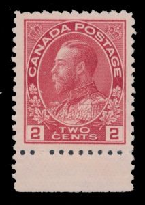 Lot 123, Canada 1911-12 two cent pink Admiral with lower sheet margin selvedge, accent over C of CENTS variety, XF NH, sold for C$649
