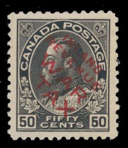 Lot 288, Canada 1915 fifty cent black Admiral War Tax overprint, sold for C$767