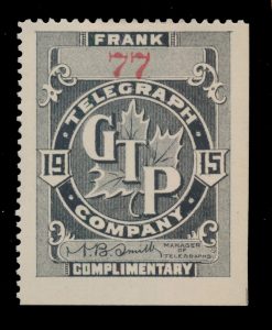 Lot 386, Canada 1915 black Grand Trunk Pacific Railways Telegraph Co. frank, sold for C$1,298