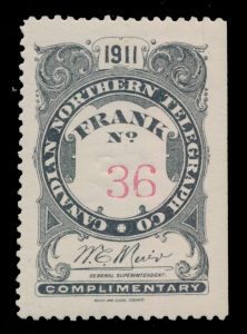 Lot 398, Canada 1911 black Canadian Northern Telegraph Co. frank, sold for C$708