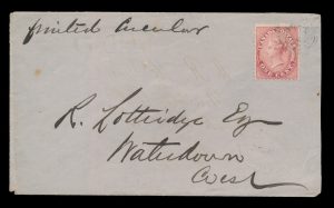 Lot 584, Canada 1864 one cent rose Victoria on "turned cover" Waterdown re-used to Mosa, sold for C$708