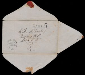 Lot 584, Canada 1864 one cent rose Victoria on "turned cover" Waterdown re-used to Mosa, sold for C$708