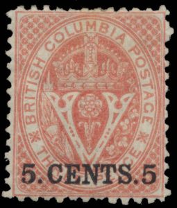 Lot 216, British Columbia and Vancouver Island five cent on three pence bright red Seal, mint Fine