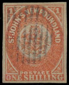Lot 256, Newfoundland 1860 one shilling orange Heraldic, used