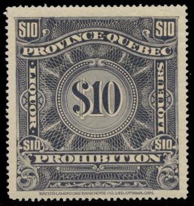 Lot 367, 1919 ten dollar blue Québec Prohibition, F-VF NH