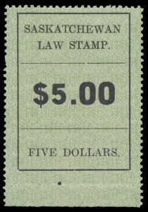Lot 375, 1907 five dollar black Saskatchewan Law stamp with large zeros, second printing, mint F-VF