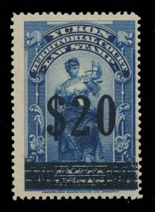 Lot 381, 1902 $20 Yukon Territorial Court Law Stamp overprinted in black on fifty cent blue, Fine mint