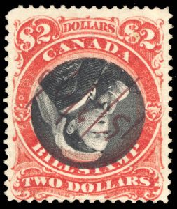 Lot 404, Canada 1868 two dollar red and black Third Bill issue with inverted centre, F-VF used