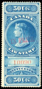 Lot 419, Canada 1916 fifty cent blue young Queen Victoria Law Stamp with IN PRIZE overprint, mint VF