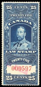 Lot 423, Canada 1915 King George V Supreme Court twenty-five cent blue with red IN PRIZE overprint, F-VF unused