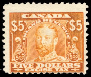 Lot 458, Canada 1915-1923 five dollar orange George V Excise Tax error of colour, VF NH