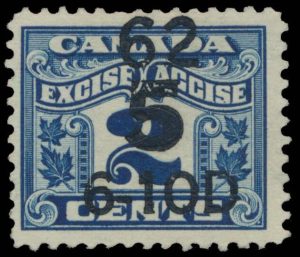 Lot 466, Canada 1915-28 two cent blue Two Leaf Excise with black "5" cent overprint, F-VF used