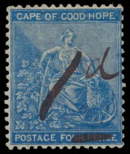 Lot 682, Griqualand West 1874 one pence on four pence blue of Cape of Good Hope, unused no gum, Fine appearing